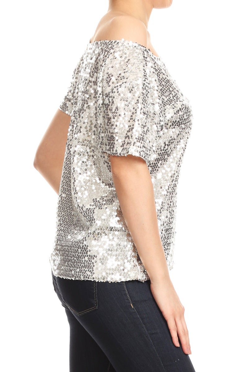 Anna-Kaci Womens Short Sleeve One Shoulder Sparkly Glitter Sequin Top Shirt Blouse, Silver, Medium - Image 4